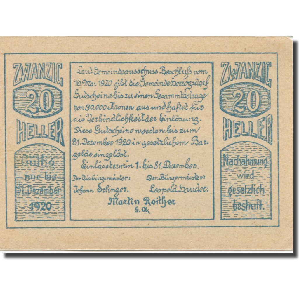 Banknote, Austria, Herzogsdorf, 20 Heller, village, 1920 UNC(63) Mehl:FS 373I