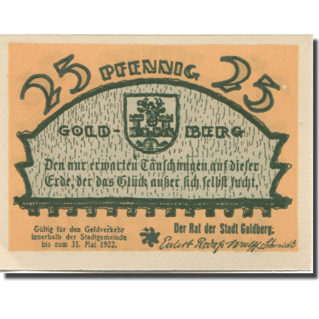 Banknote, Germany, Goldberg, 25 Pfennig, Blason, 1922 UNC(63) Mehl:452.1