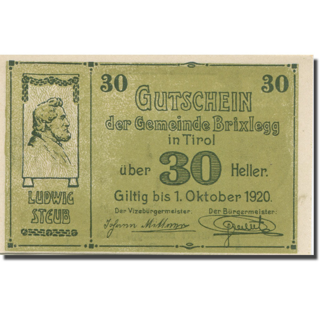 Banknote, Austria, Brixlegg, 30 Heller, portrait, 1920, UNC(63) Mehl:FS 104a
