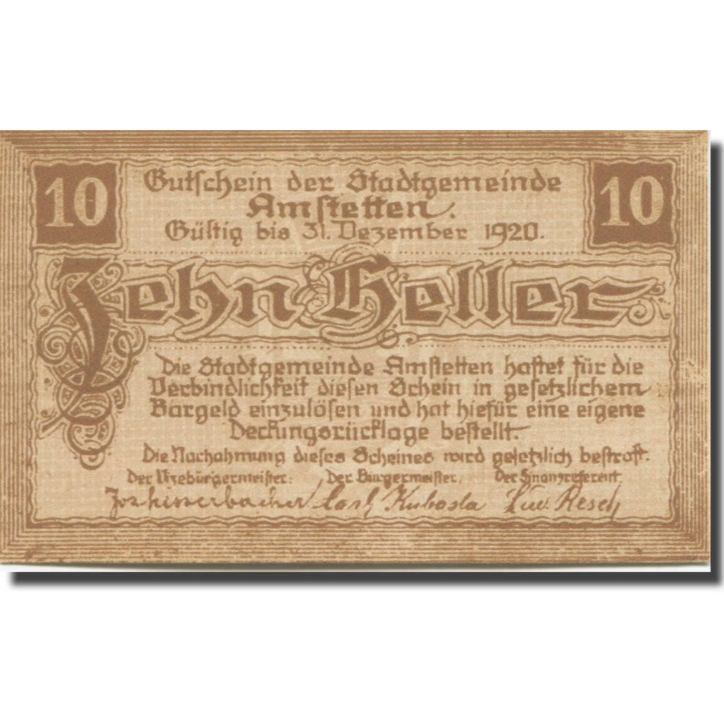 Banknote, Austria, Amstetten, 10 Heller, Blason, 1920 UNC(63) Mehl:FS 37Ib