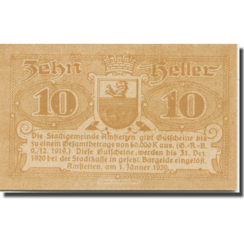 Banknote, Austria, Amstetten, 10 Heller, Blason, 1920 UNC(63) Mehl:FS 37Ib
