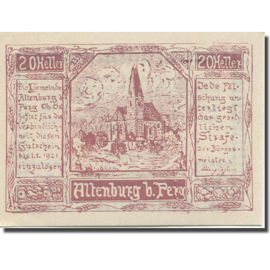 Billet, Autriche, Altenburg, 20 Heller, Eglise 1921-01-01, SPL, Mehl:FS 26a