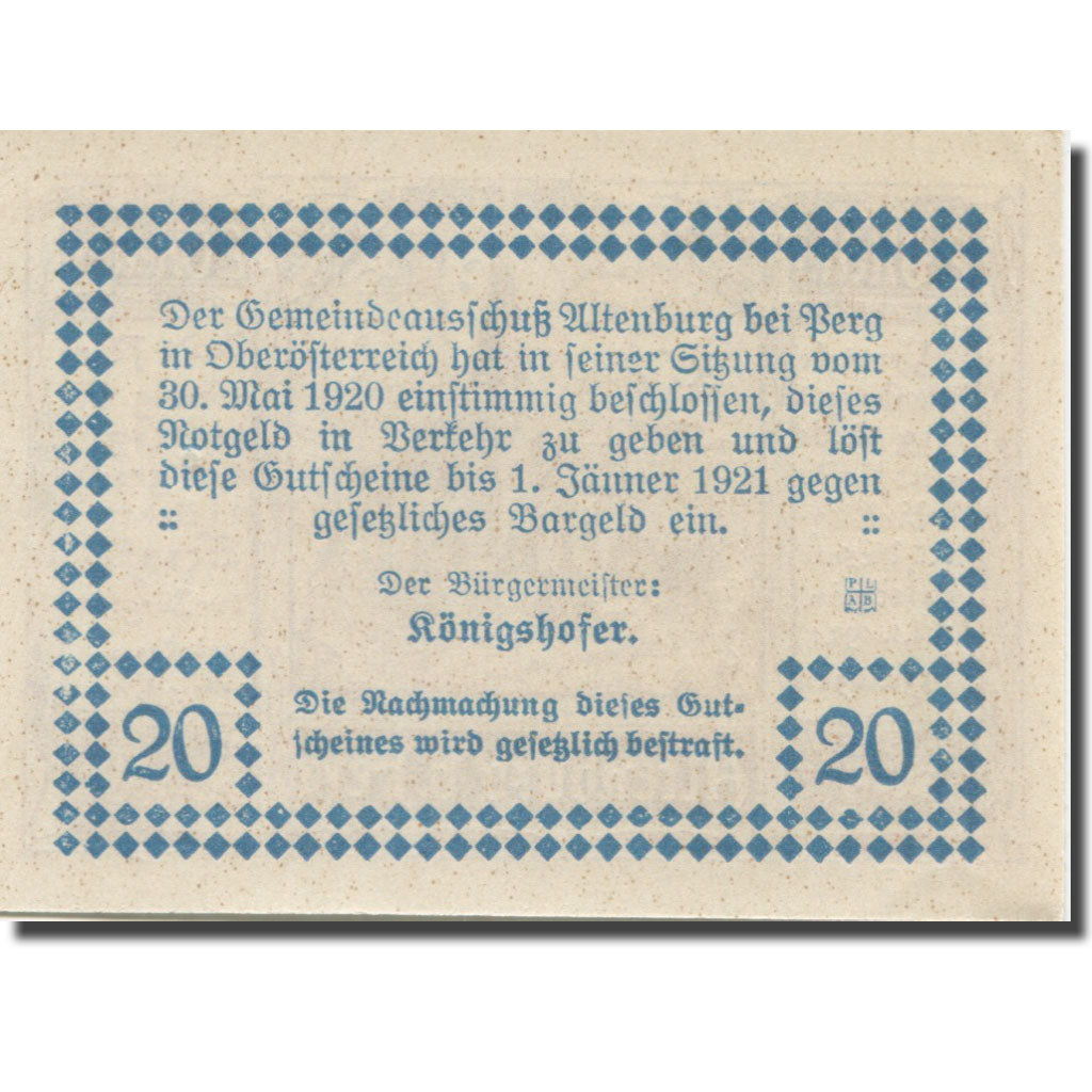 Billet, Autriche, Altenburg, 20 Heller, Eglise 1921-01-01, SPL, Mehl:FS 26a