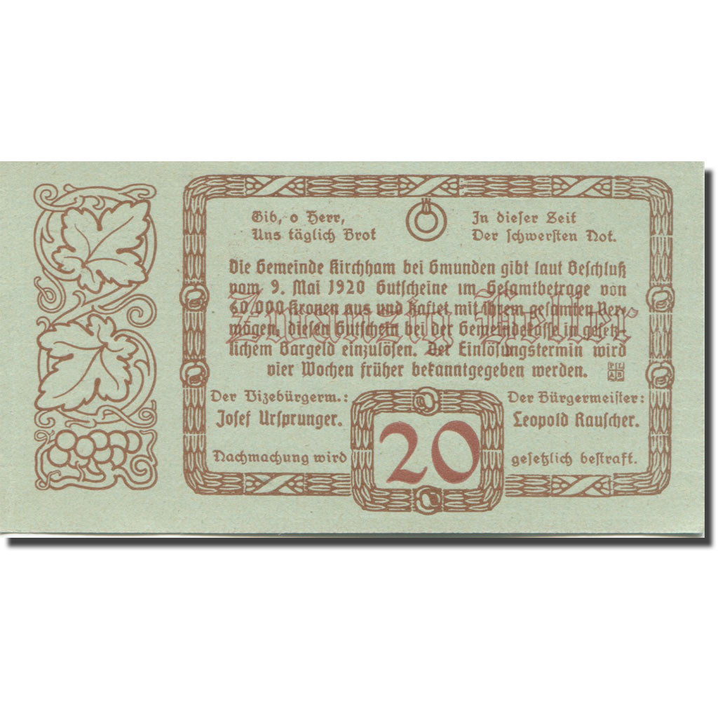 Banknote, Austria, Kirchham, 20 Heller, Eglise, 1920 UNC(63) Mehl:FS 446Ia