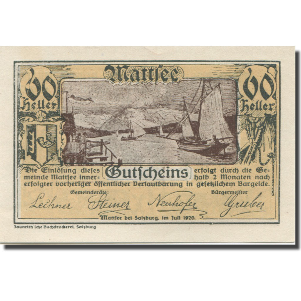 Banknote, Austria, Mattsee, 60 Heller, bateau, 1920, UNC(63), Mehl:FS 596a