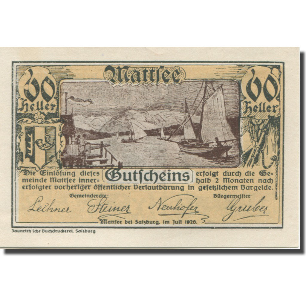 Banknote, Austria, Mattsee, 60 Heller, bateau, 1920, UNC(63), Mehl:FS 596a