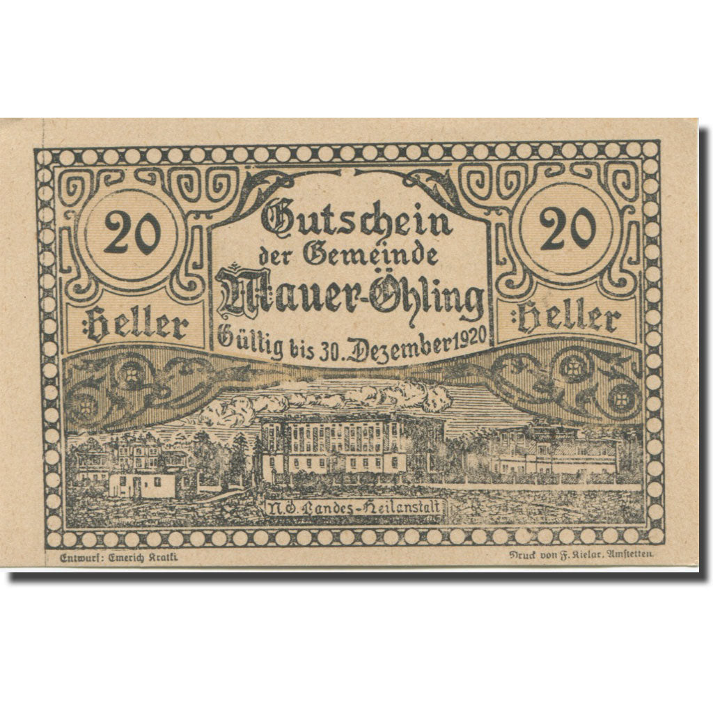 Banknote, Austria, Mauer Ohling, 20 Heller, Monument, 1920 UNC(63) Mehl:FS 599c