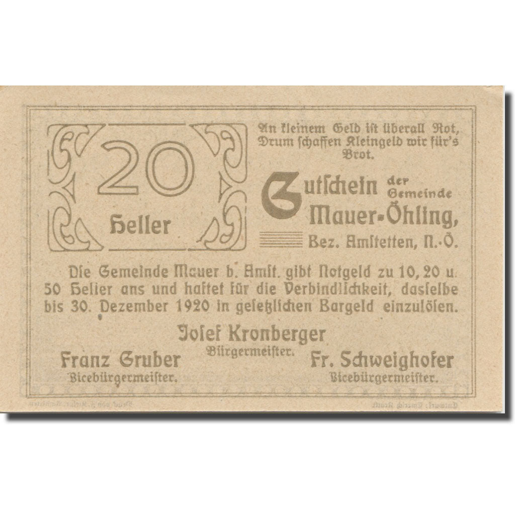 Banknote, Austria, Mauer Ohling, 20 Heller, Monument, 1920 UNC(63) Mehl:FS 599c
