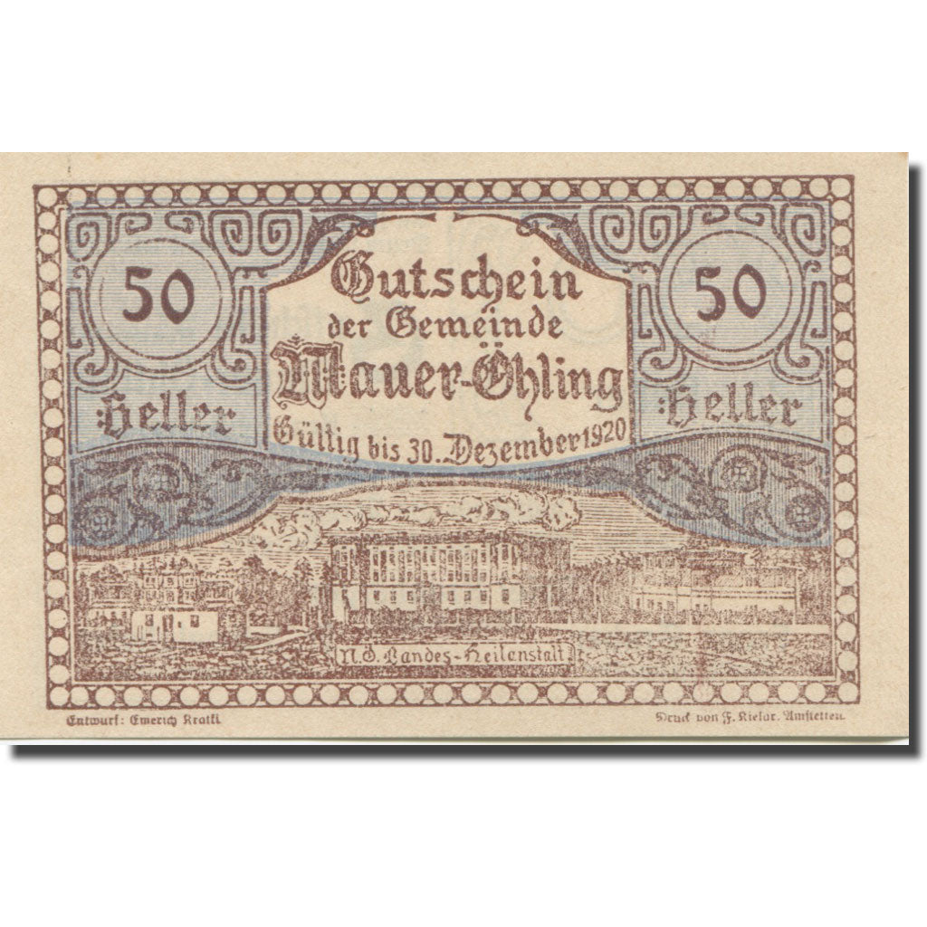 Banknote, Austria, Mauer Ohling, 50 Heller, Monument, 1920, UNC(63) Mehl:FS 599e
