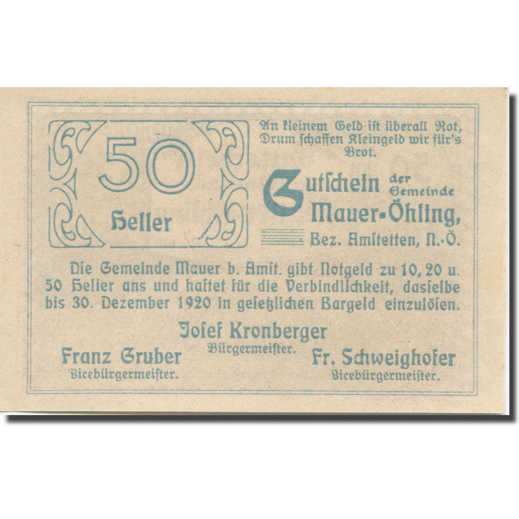 Banknote, Austria, Mauer Ohling, 50 Heller, Monument, 1920, UNC(63) Mehl:FS 599e