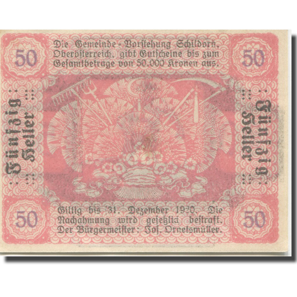 Banknote, Austria, Schildorn, 50 Heller, champs, 1920 UNC(63) Mehl:FS 959a