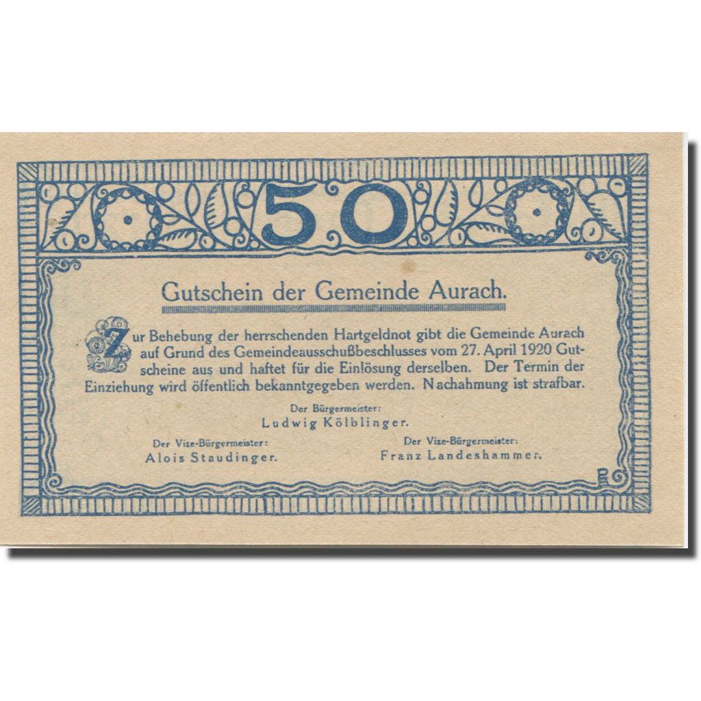 Banknote, Austria, Aurach, 50 Heller, Eglise, 1920 UNC(63), Mehl:FS 68b
