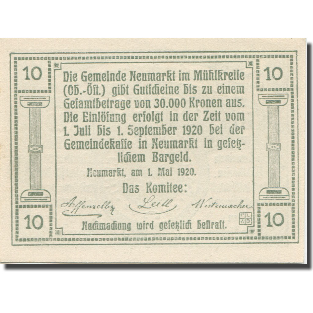 Banknote, Austria, Neumarkt, 10 Heller, Eglise, 1920 UNC(63) Mehl:FS 663