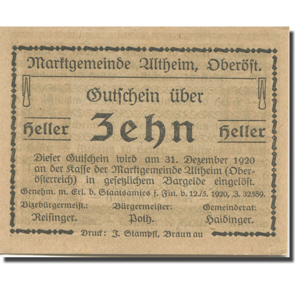 Banknote, Austria, Altheim, 10 Heller, Blason, 1920 UNC(63) Mehl:FS 32aC1