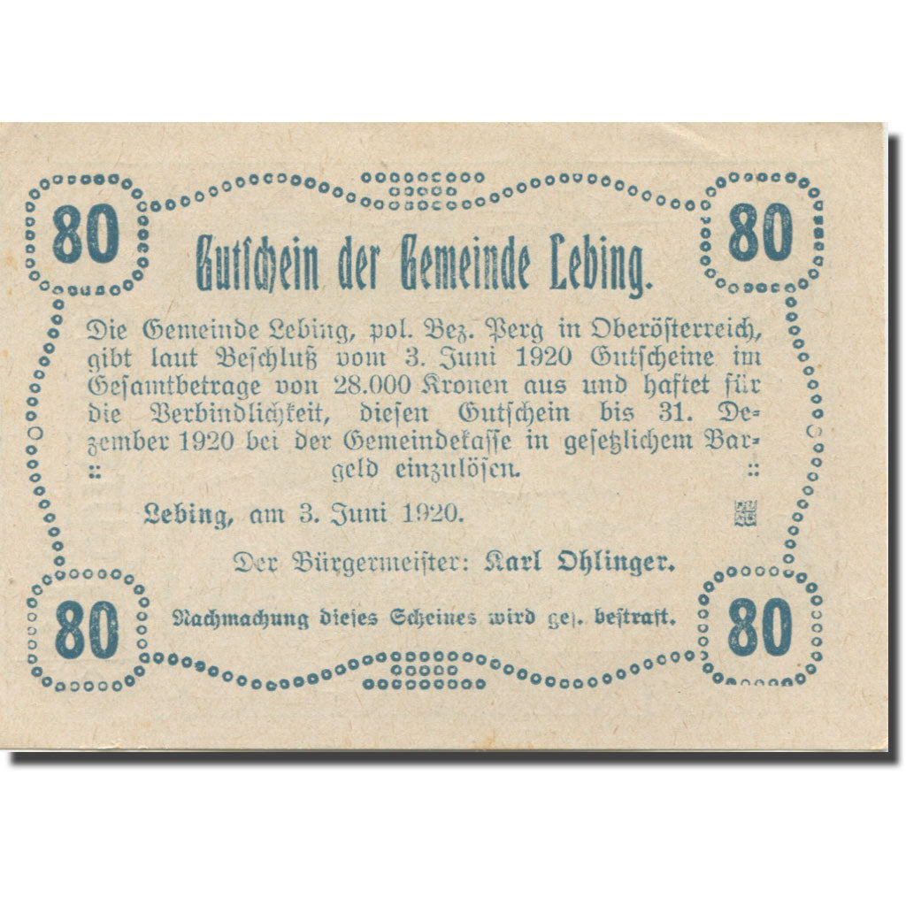 Banknote, Austria, Lebing, 80 Heller, route 1920-12-31, UNC(63), Mehl:FS 508a