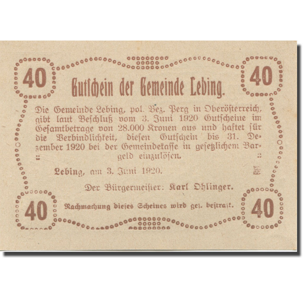 Banknote, Austria, Lebing, 40 Heller, château, 1920 UNC(63) Melh:FS 508a