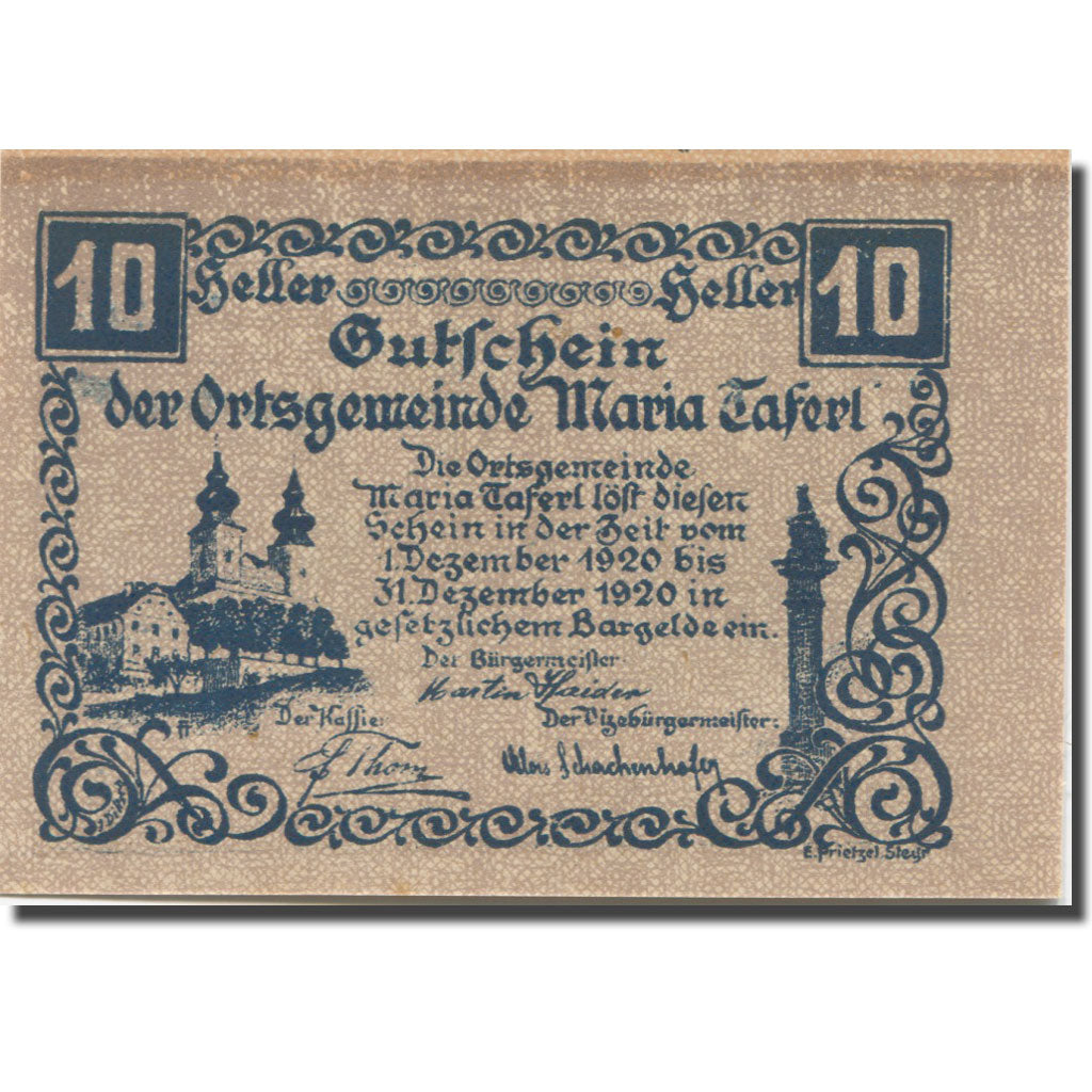 Banknote, Austria, Maria Taferl, 10 Heller, château, 1920 UNC(63) Melh:FS 588