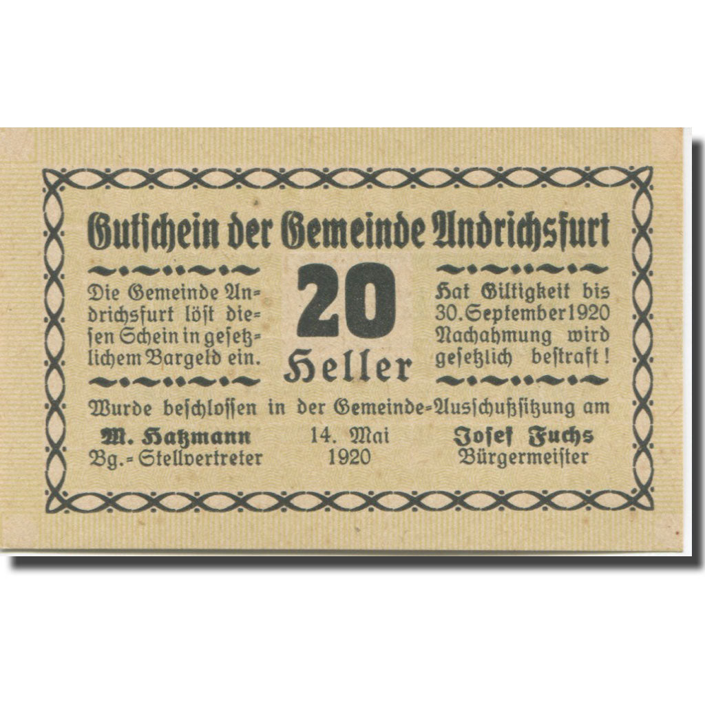 Banknote, Austria, Andrichsfurt, 20 Heller face value 1920 UNC(63) Mehl:FS 41