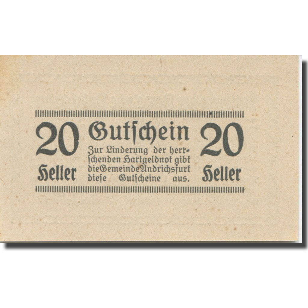 Banknote, Austria, Andrichsfurt, 20 Heller face value 1920 UNC(63) Mehl:FS 41