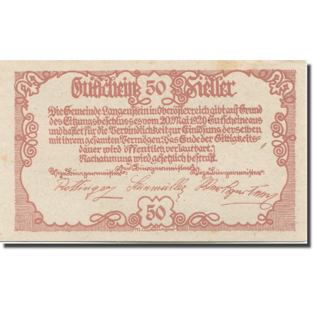 Banknote, Austria, Langenstein, 50 Heller, rue, 1920, UNC(63), Mehl:FS 502a