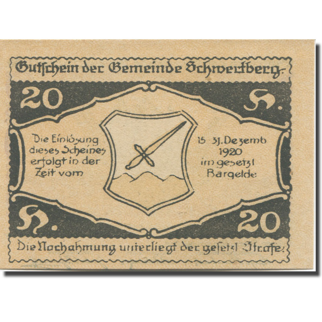 Banknote, Austria, Schwertberg, 20 Heller, château, 1920 UNC(63) Mehl:FS 984Ia