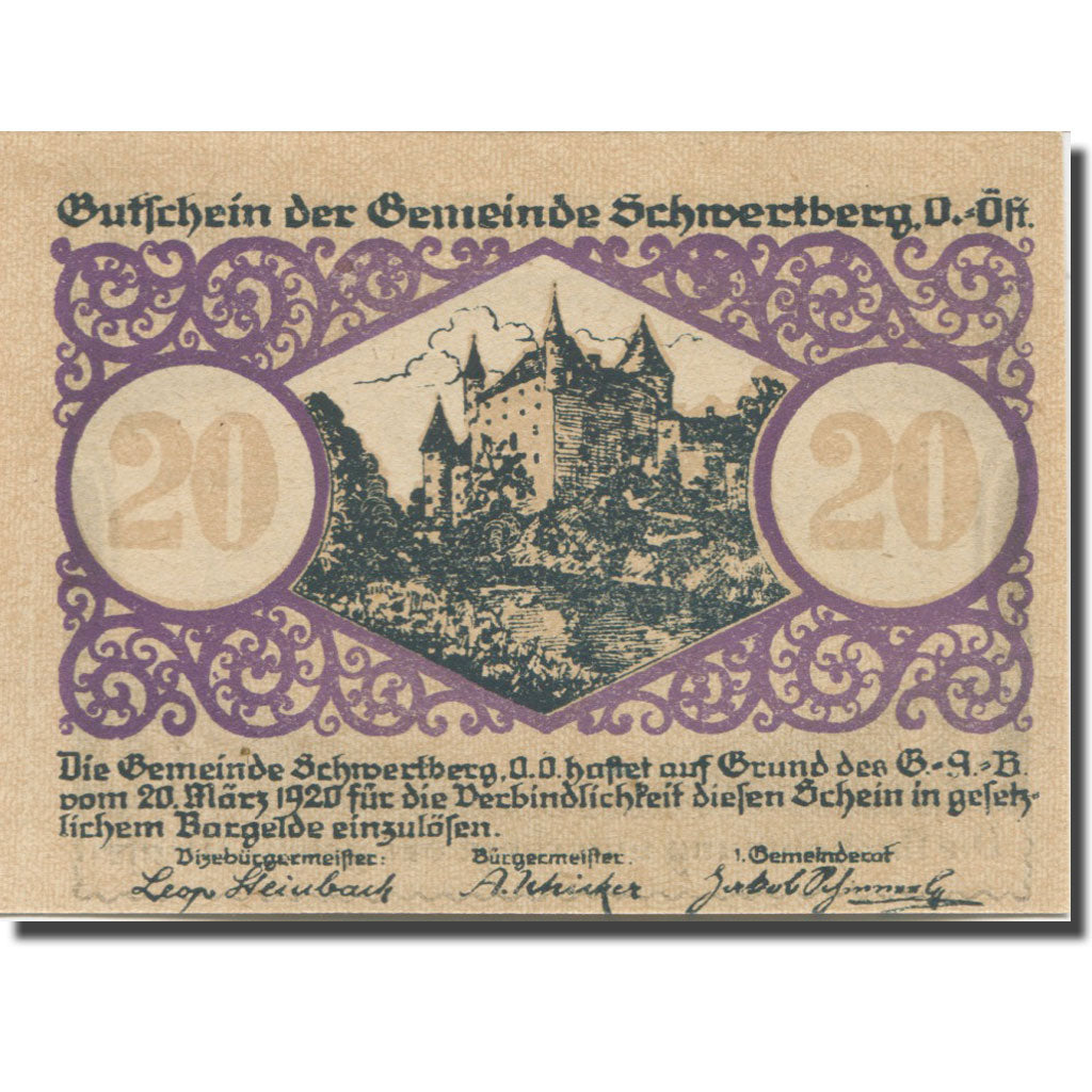 Banknote, Austria, Schwertberg, 20 Heller, château, 1920 UNC(63) Mehl:FS 984Ia