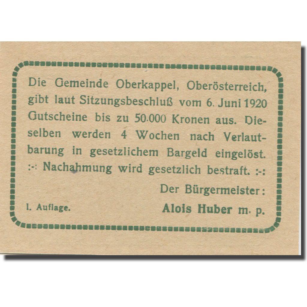 Banknote, Austria, Oberkappel, 20 Heller, paysage, 1920, UNC(63), Mehl:FS 684a