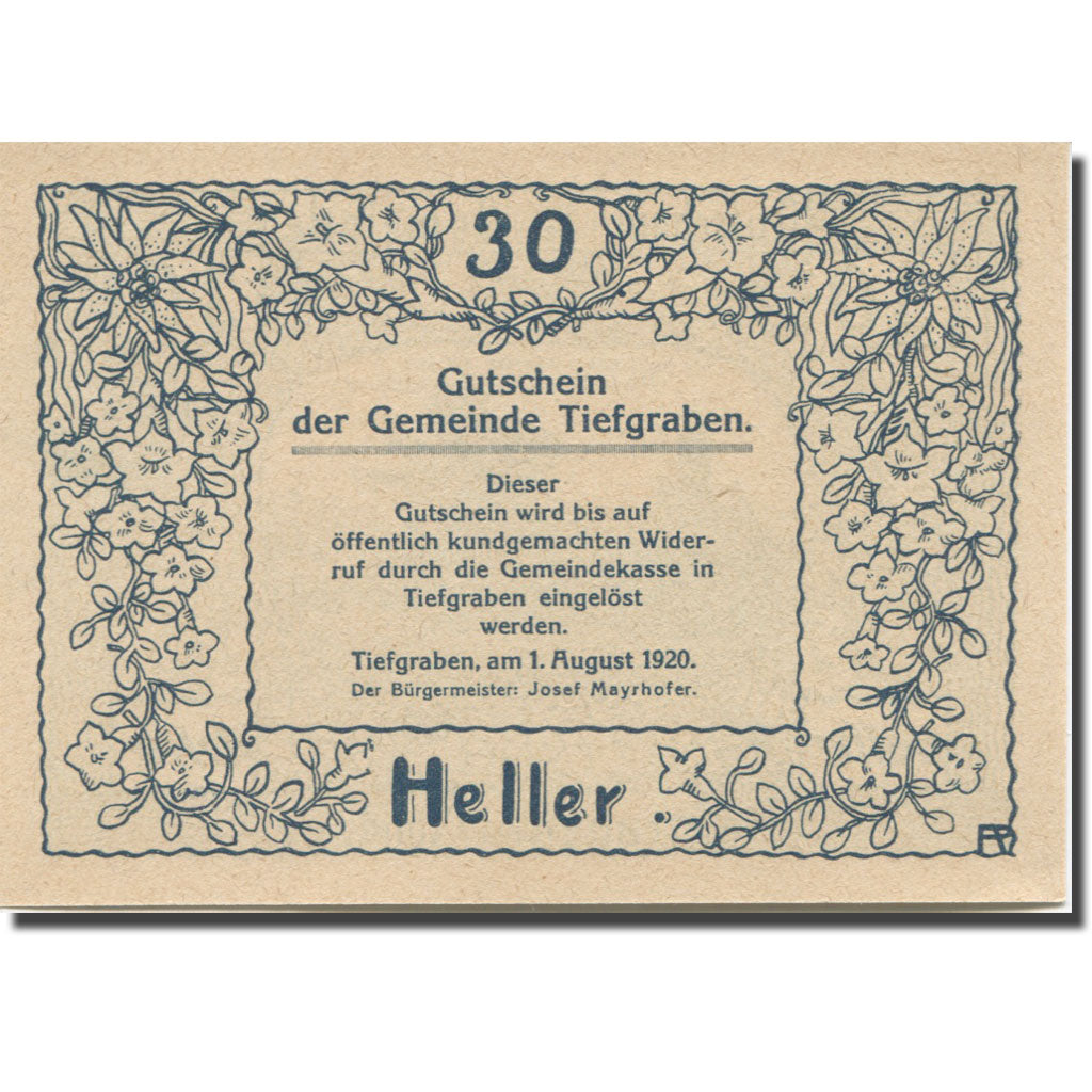 Banknote, Austria, Tiefgraben, 30 Heller, Eglise, 1920, UNC(63), Mehl:FS 1071