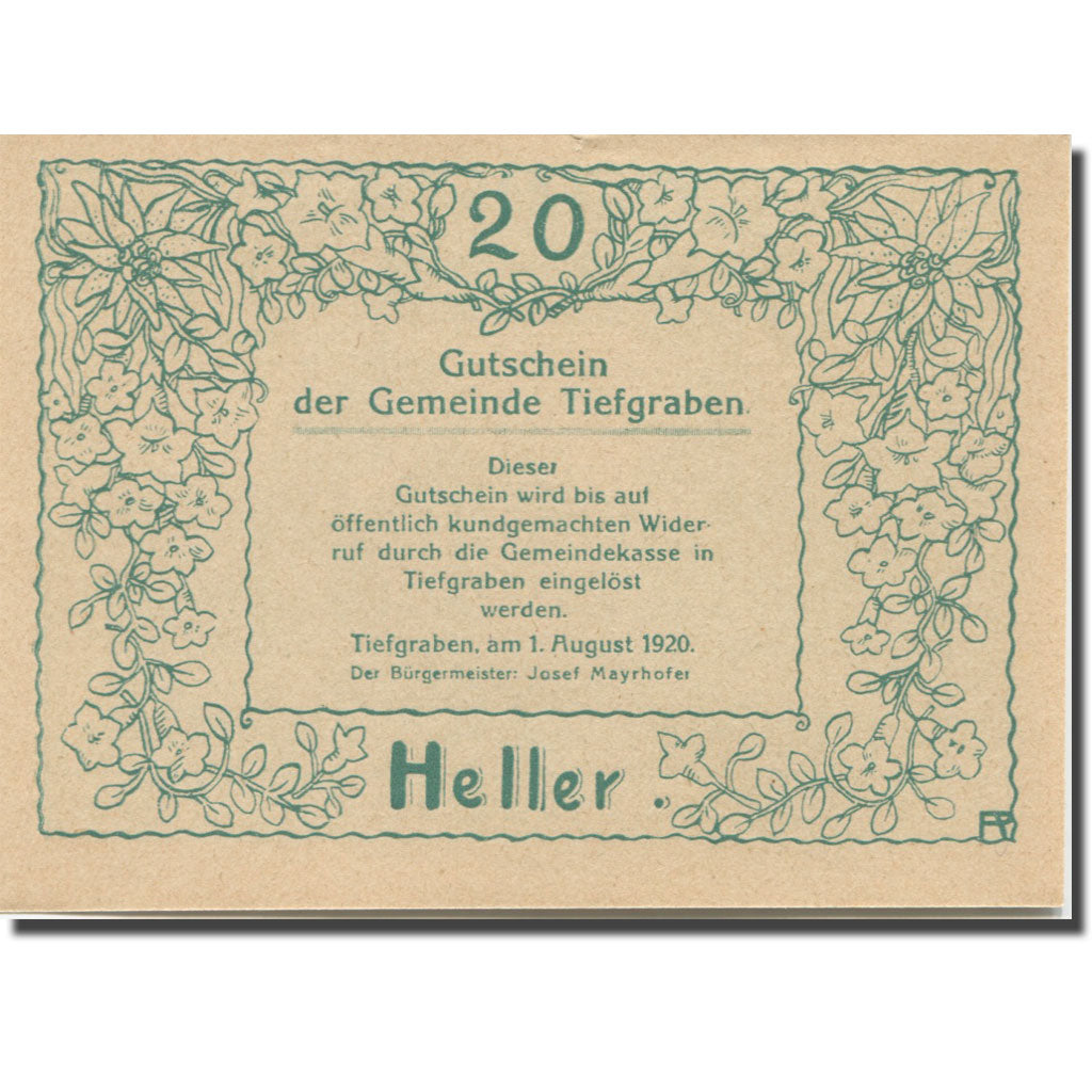 Banknote, Austria, Tiefgraben, 20 Heller, ferme, 1920, UNC(63), Mehl:FS 1071