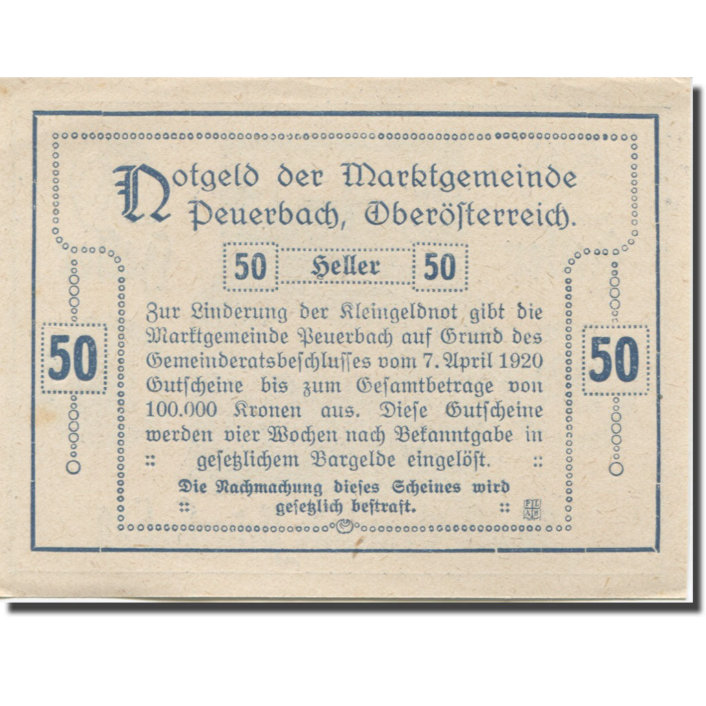 Billet, Autriche, Peuerbach, 50 Heller, rue, 1920-04-07, SPL Mehl:FS 741IIa