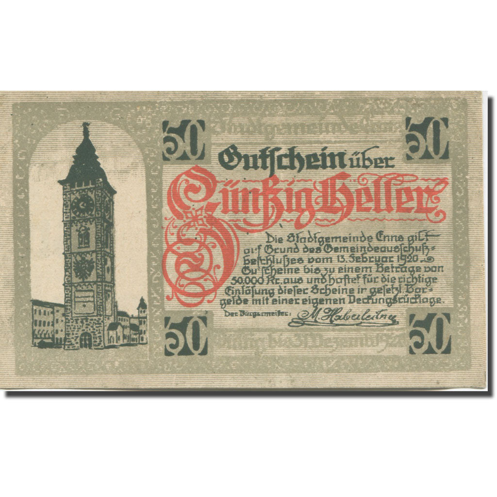 Banconote, Austria, Enns, 50 Heller, Eglise 1920-12-31, SPL Mehl:FS 174Ia