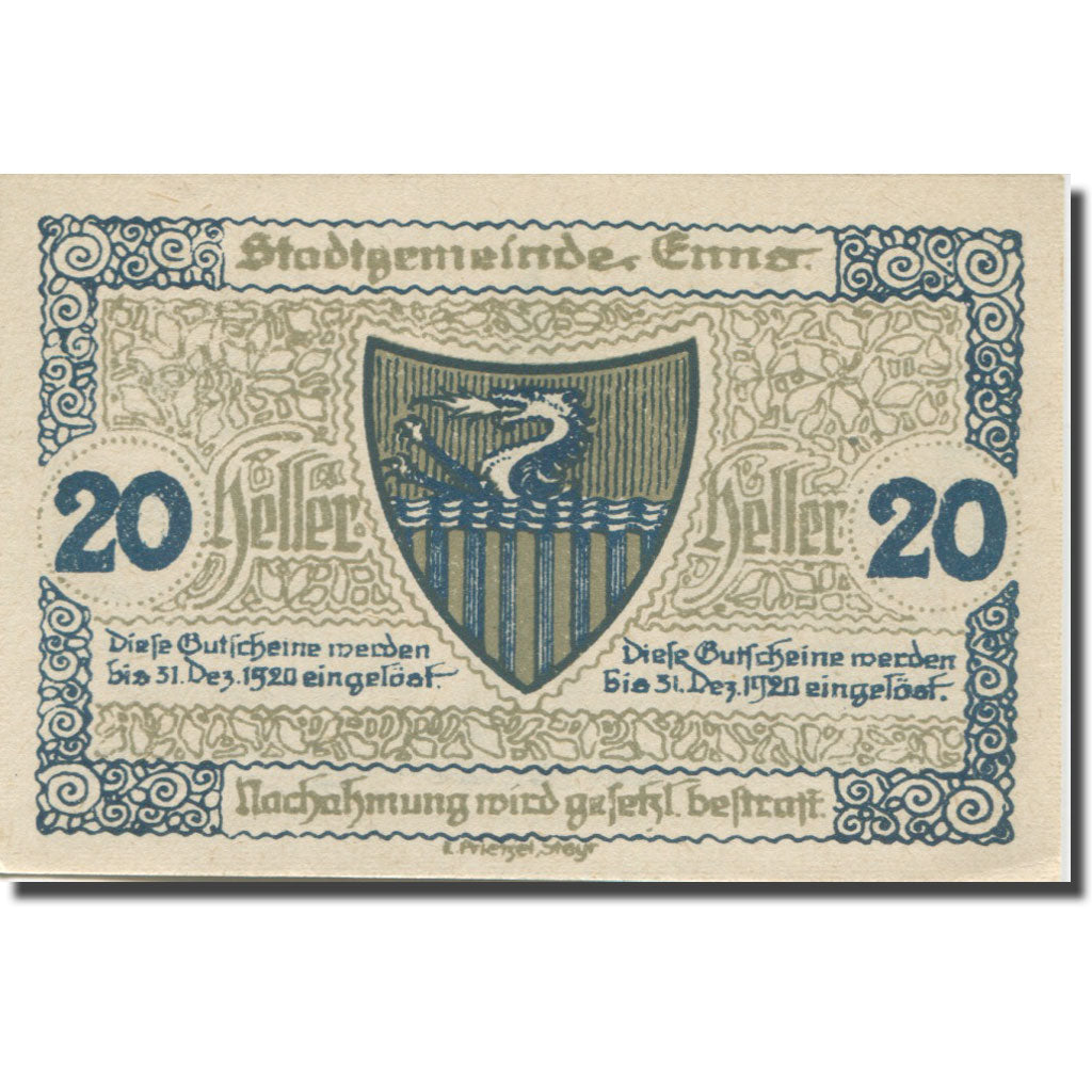 Banconote, Austria, Enns, 20 Heller, Eglise 1, 1920-12-31, SPL Mehl:FS 174Ia