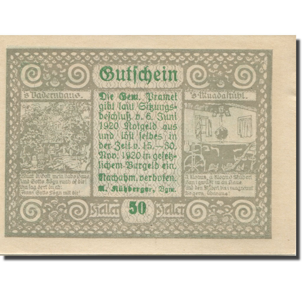 Banknote, Austria, Pramet, 50 Heller, portrait, 1920 UNC(63) Mehl:FS 781b