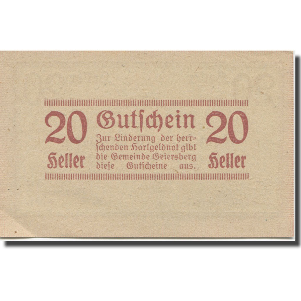 Banknote, Austria, Geiersberg, 20 Heller face value 1920, UNC(63) Mehl:FS 227a