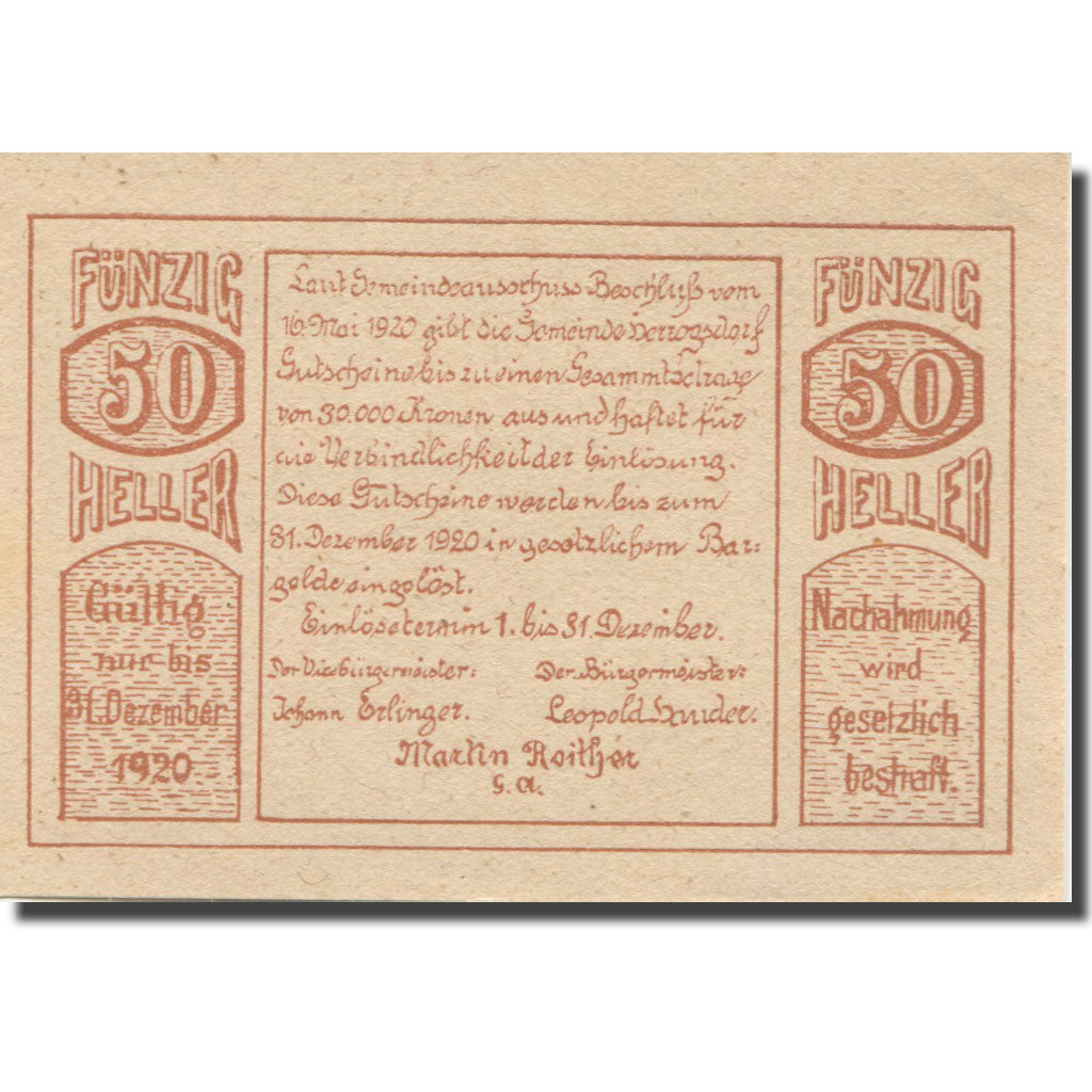 Banknote, Austria, Herzogsdorf, 50 Heller, village, 1920 UNC(63) Mehl:FS 373I