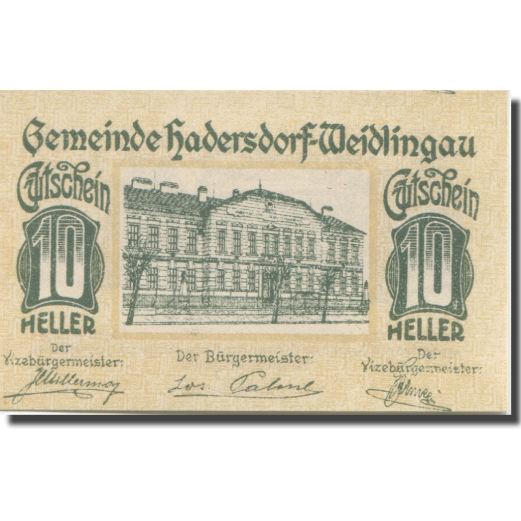 Banknote, Austria, Hadersdorf, 10 Heller, Monument 1920 UNC(63) Mehl:FS 326