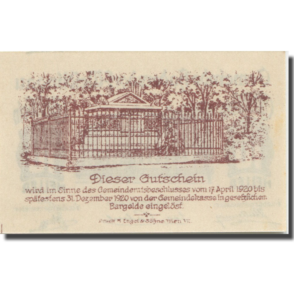 Banknote, Austria, Hadersdorf, 10 Heller, Monument 1920 UNC(63) Mehl:FS 326