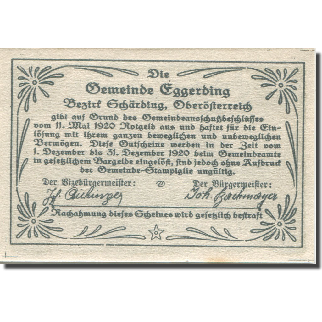 Billete, Austria, Eggerding, 30 Heller, château 1920-12-31, SC Mehl:FS 166a