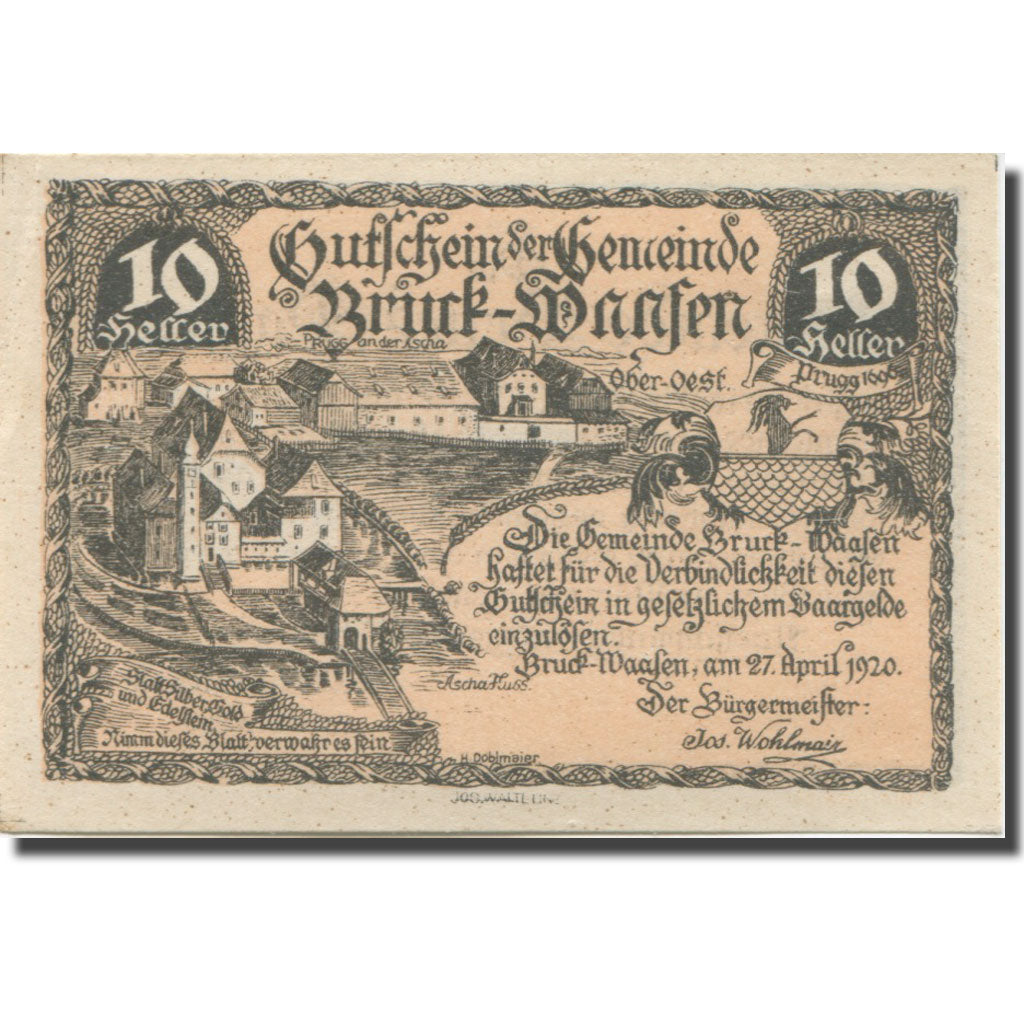 Banknote, Austria, Bruck, 10 Heller, château, 1921 UNC(63) Mehl:FS 108a