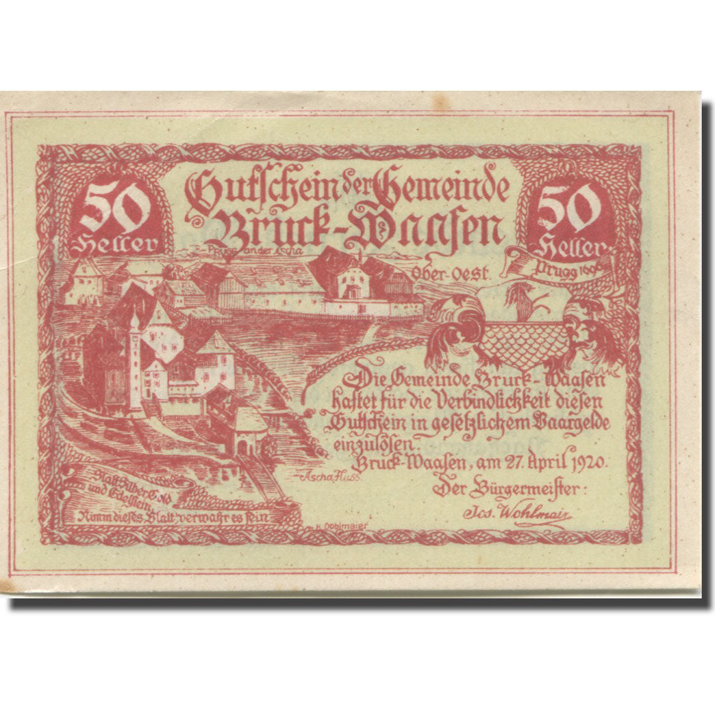 Banknote, Austria, Bruck, 50 Heller, chateau 1, 1921 UNC(63) Mehl:FS 108a