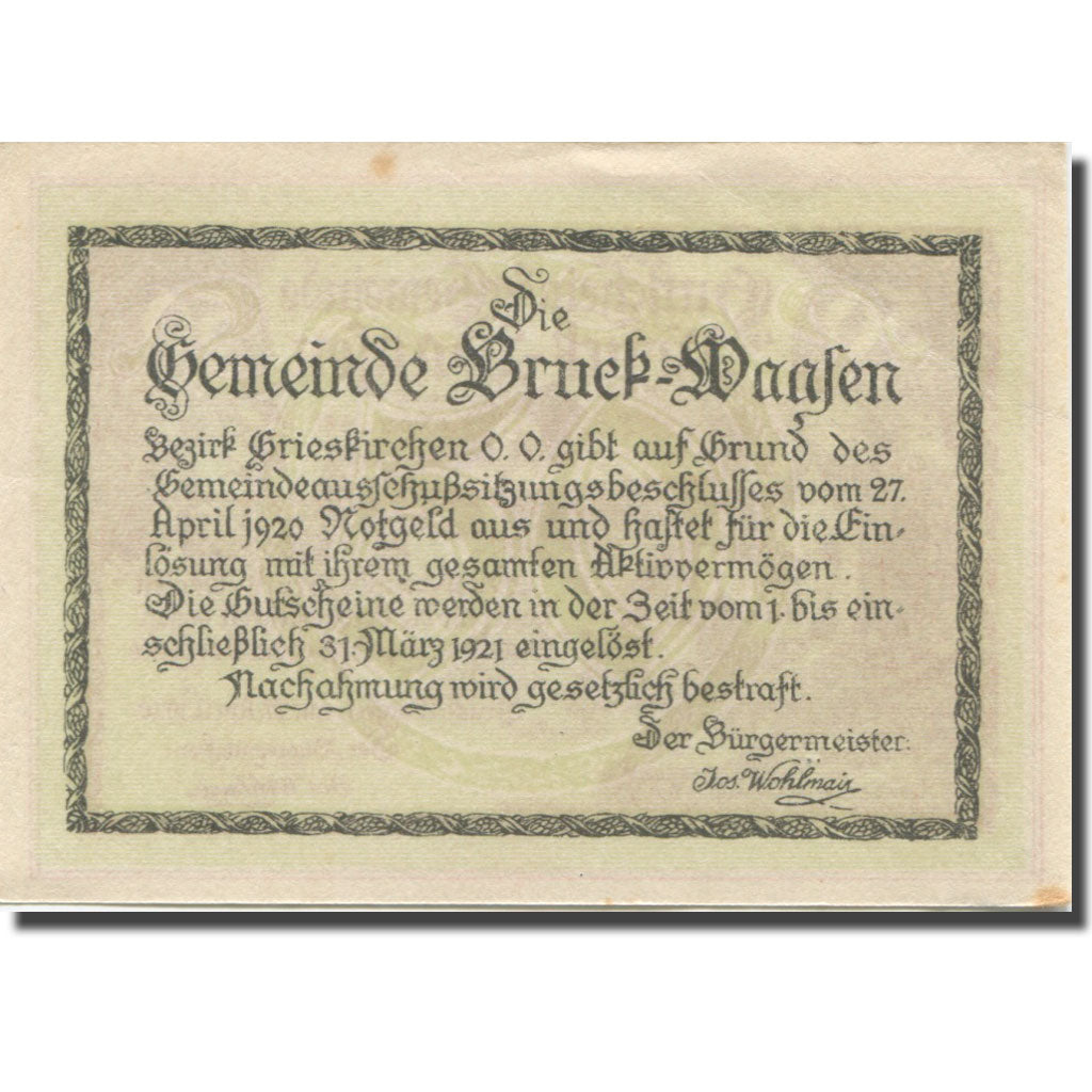 Banknote, Austria, Bruck, 50 Heller, chateau 1, 1921 UNC(63) Mehl:FS 108a