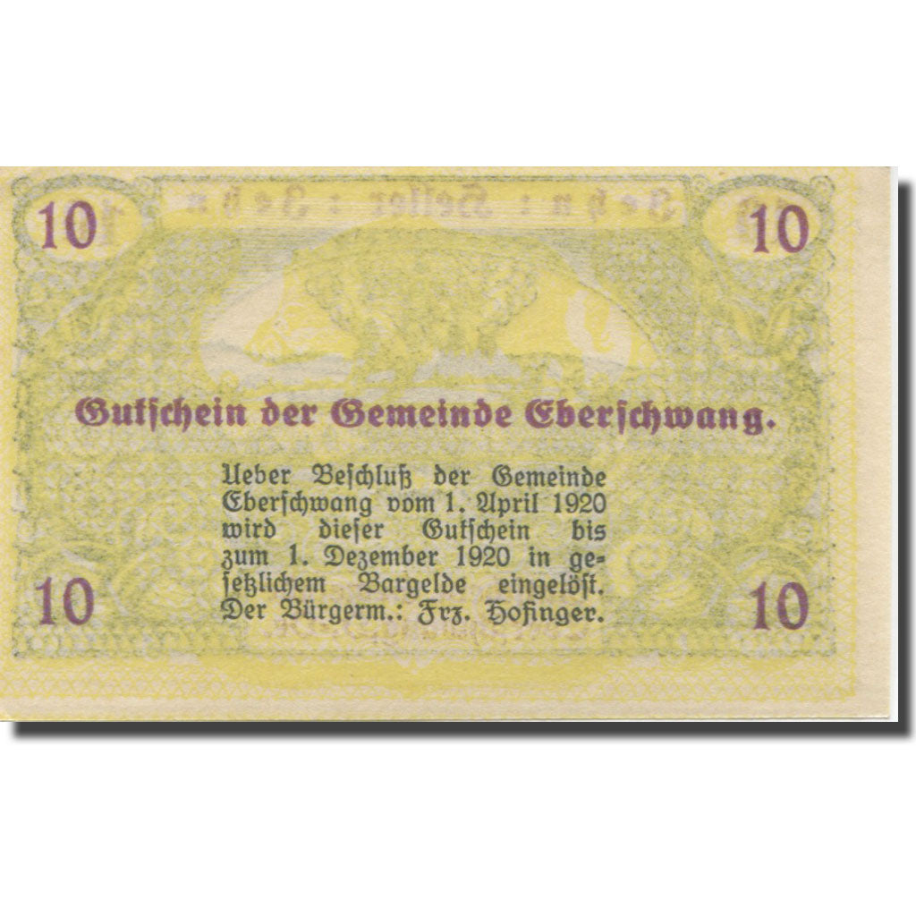 Banknote, Austria, Eberschwang, 10 Heller, Eglise, 1920 UNC(63) Mehl:FS 145a