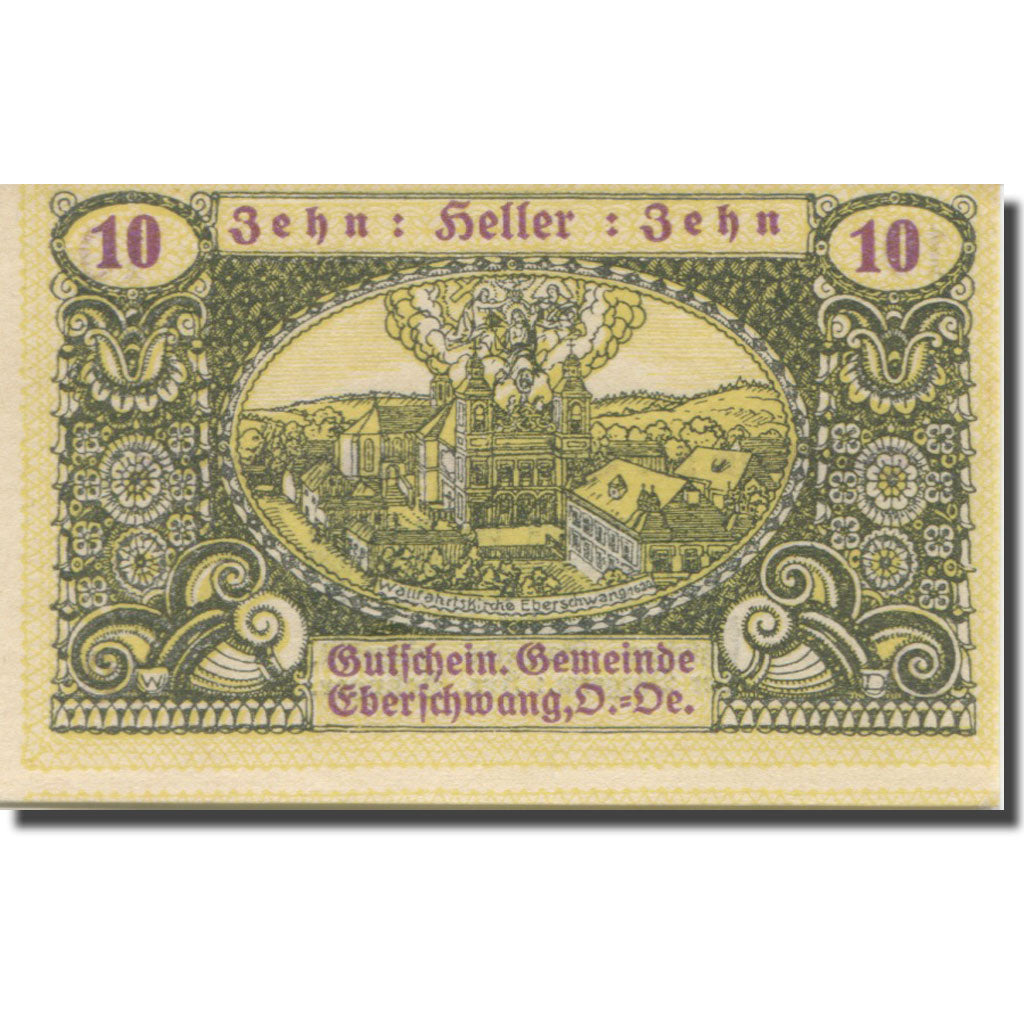 Banknote, Austria, Eberschwang, 10 Heller, Eglise, 1920 UNC(63) Mehl:FS 145a