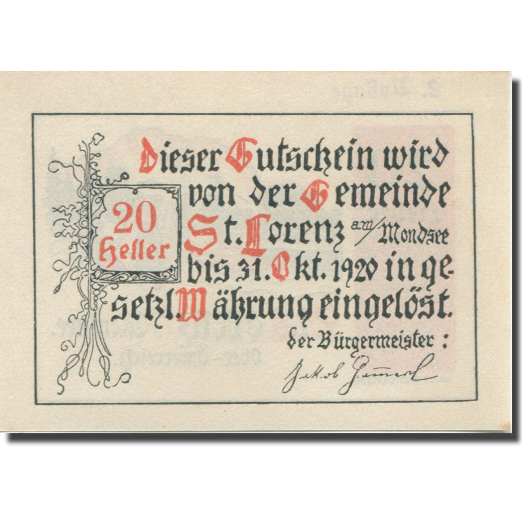 Banknote, Austria, St Lorenz, 20 Heller, montagne, 1920, UNC(63) Mehl:FS 904a
