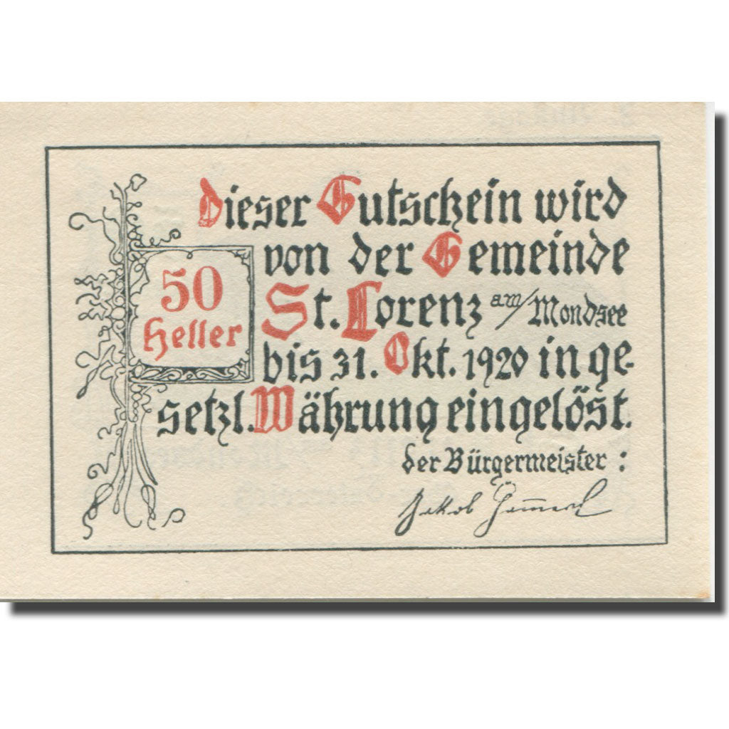 Banknote, Austria, St Lorenz, 50 Heller, Eglise, 1920 UNC(63) Mehl:FS 904a