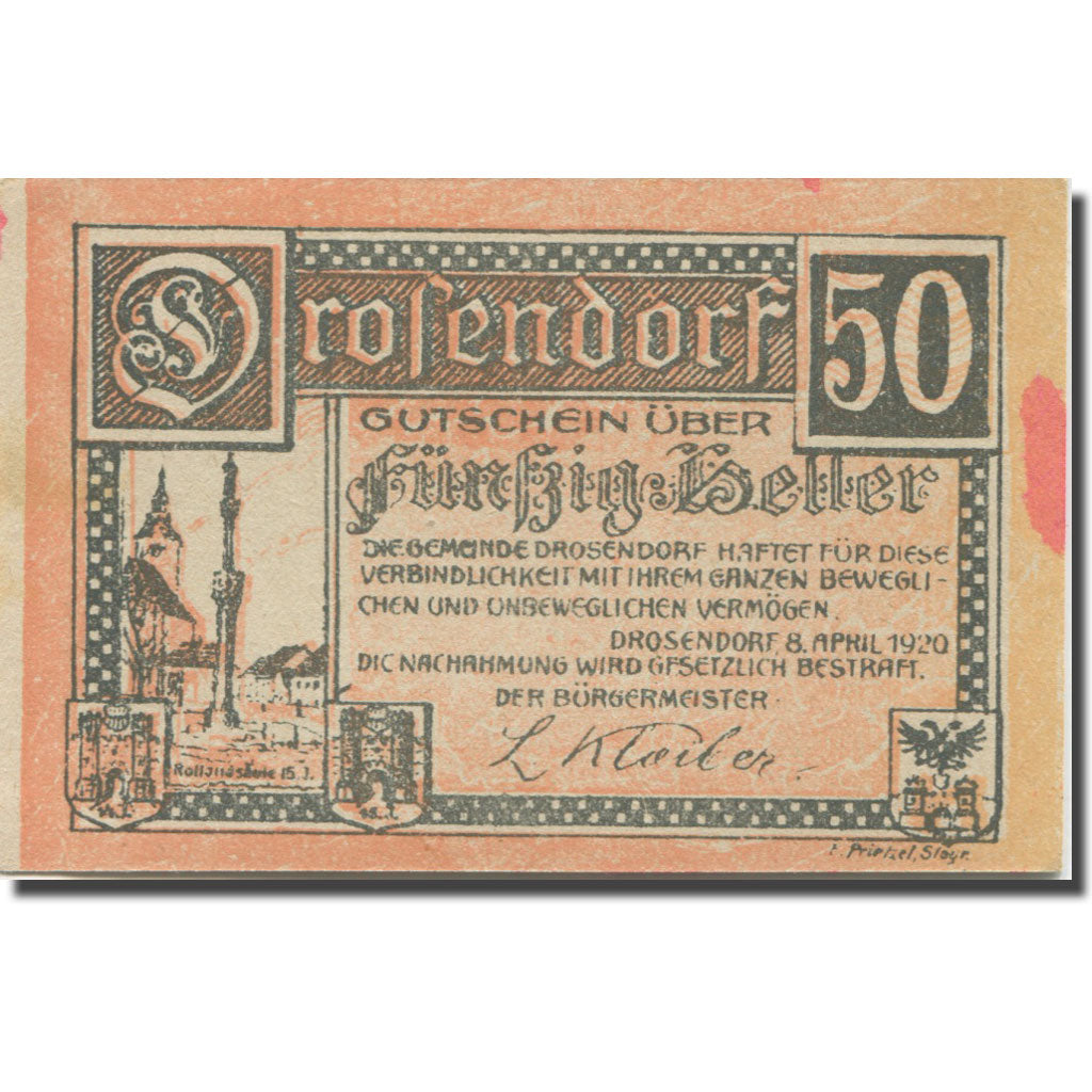 Banknote, Austria, Drosendorf, 50 Heller, Blason, 1920, AU(55-58), Mehl:FS 134a