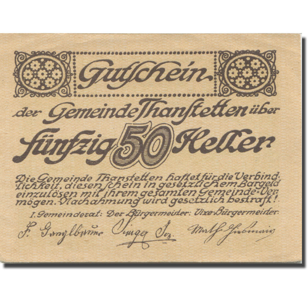Banknote, Austria, Thanstetten, 50 Heller, paysage, 1920 UNC(63) Mehl:FS 1068a
