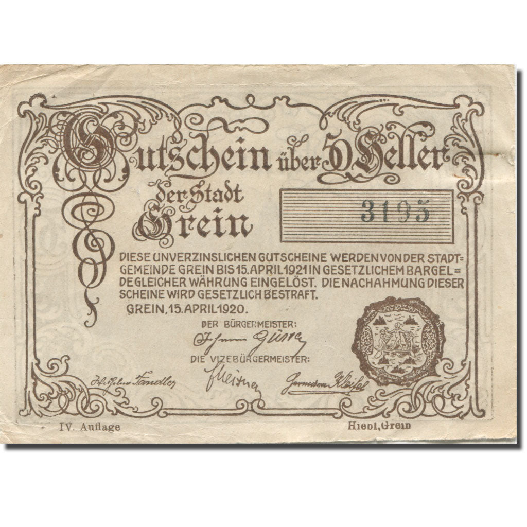 Banknote, Austria, Grein, 50 Heller, village, 1920, AU(55-58) Mehl:FS 276