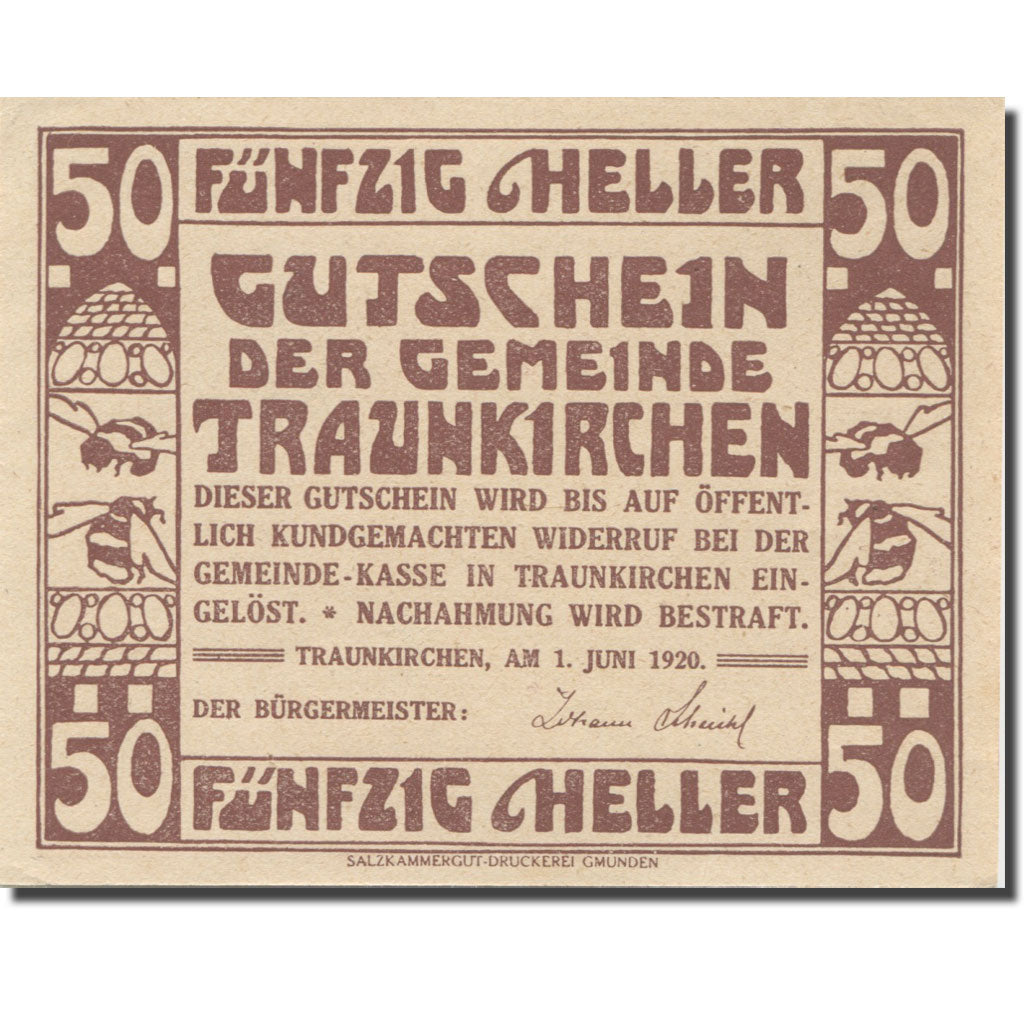 Billet, Autriche, Traunkirchen, 50 Heller, voilier, 1920, SPL, Mehl:FS 1081