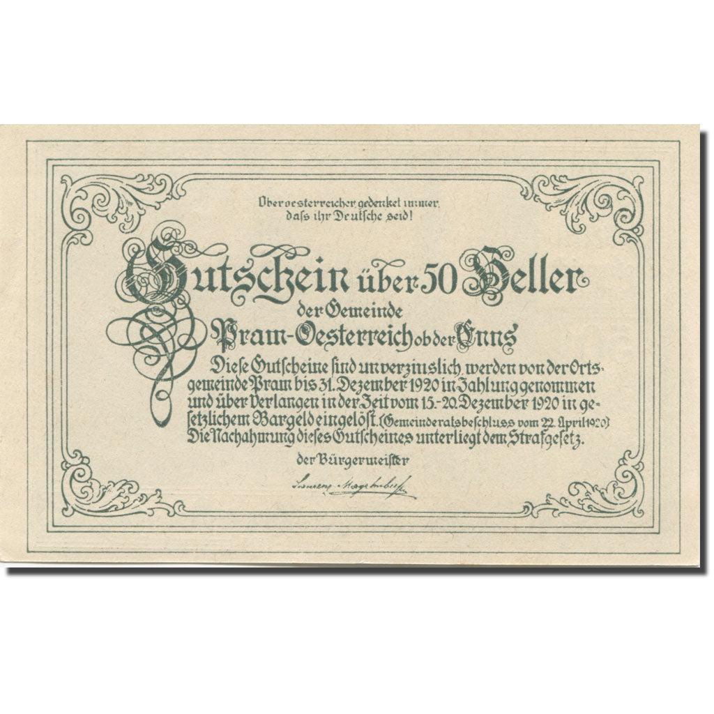 Banknote, Austria, Pram, 50 Heller, manoir, 1920-12-31, UNC(63), Mehl:FS 778a